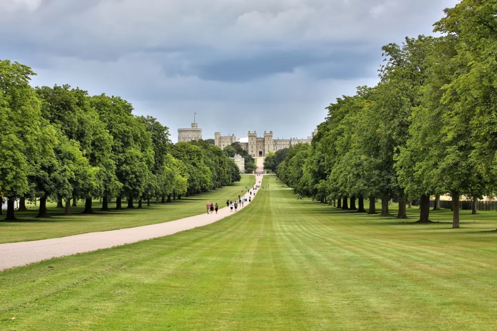 Windsor Castle seen from the far end of the Long Walk, a straight avenue of mown grass and gravel path lined with mature trees under a dark sky.