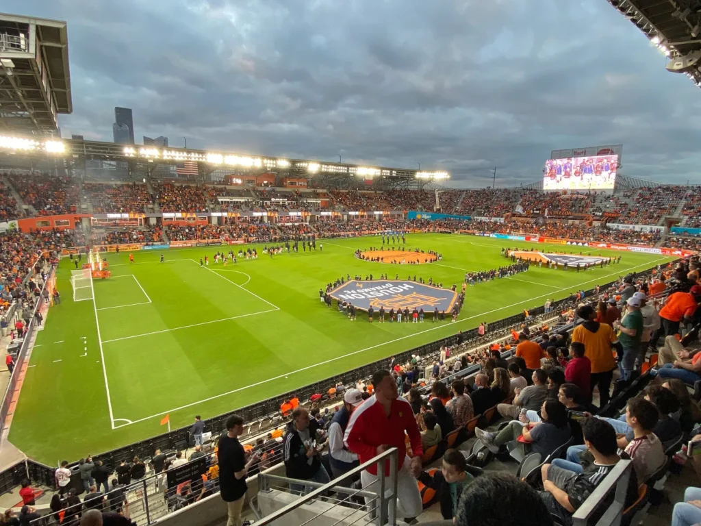Shell Energy Stadium in Houston, Texas, lit up at dusk, home of the Leagues Cup 2026 final